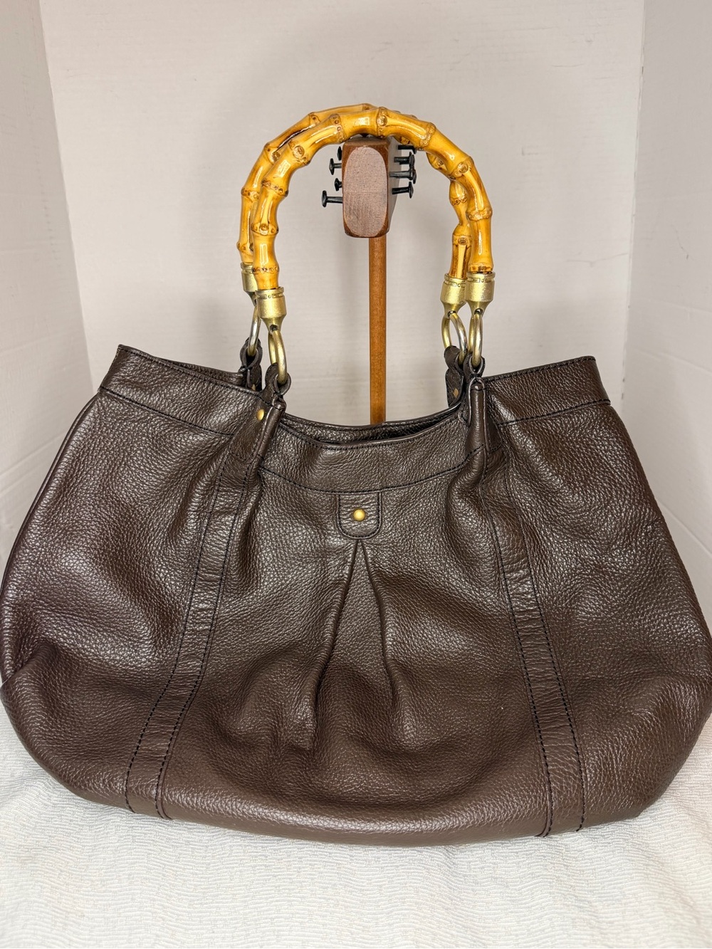 Vintage J. Crew Dark Brown Leather Shoulder Bag with Bamboo Handles